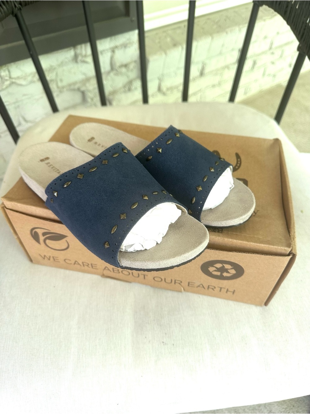 REVITALIGN Navy Slide Sandals with Gold Stud Accents